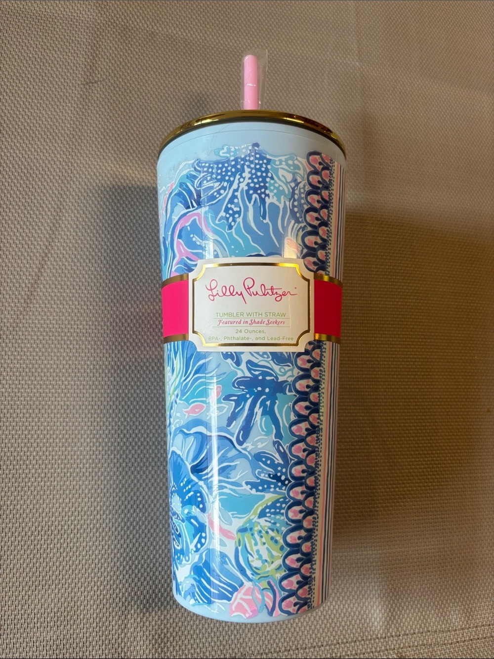 Lilly Pulitzer Blue Floral shade seekers Tumbler with Pink Straw NWT